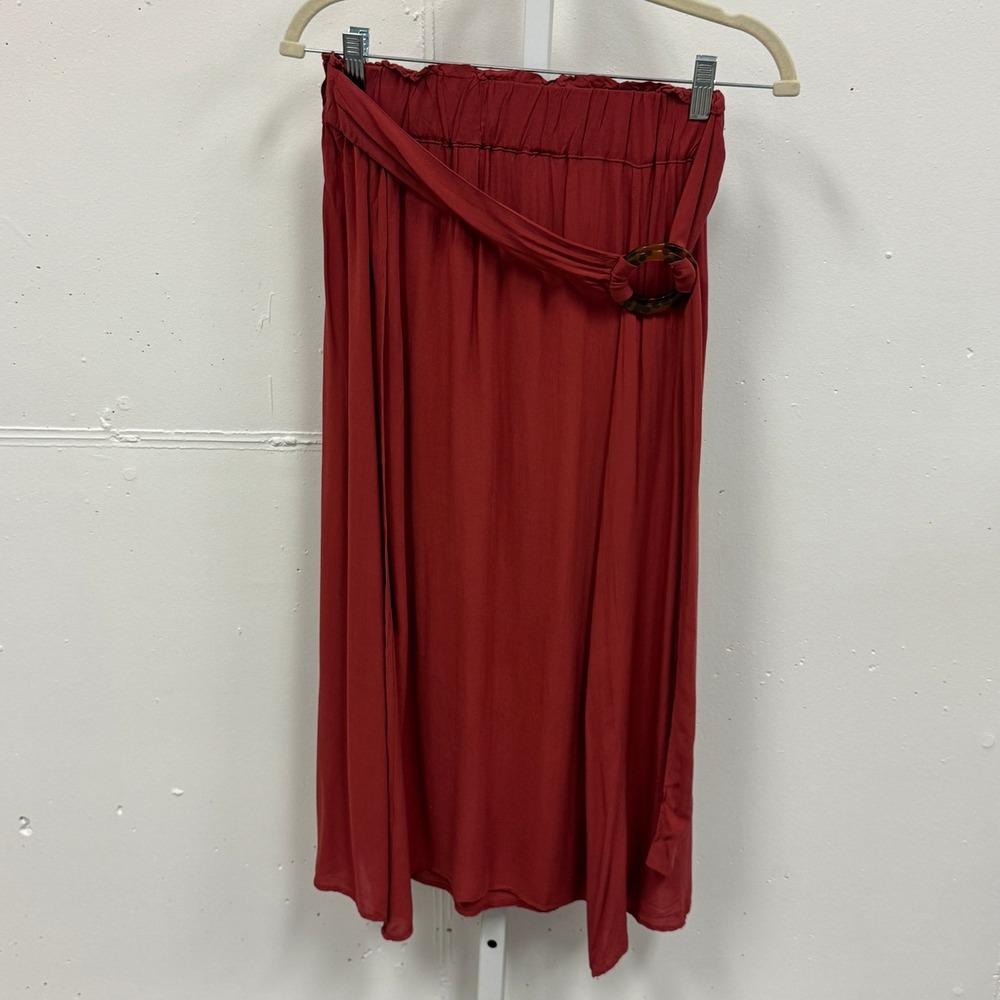 Blue Life Rust Red O-Ring Belted Midi Skirt Paperbag Waist High Slit Flowy Boho